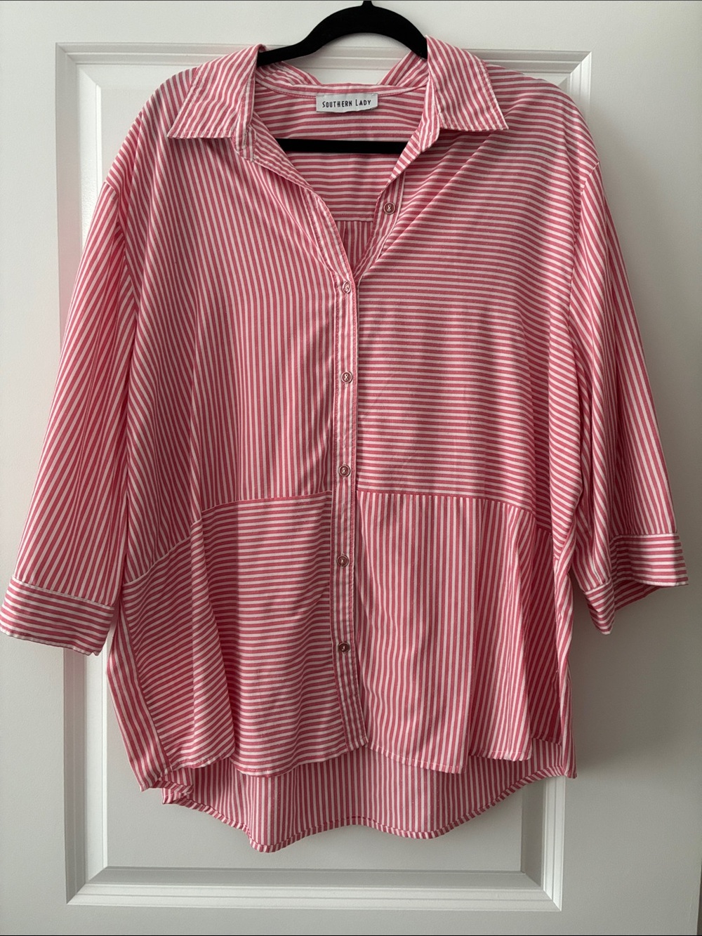 Southern Lady Striped Button Down Blouse with 3/4 Length Sleeves